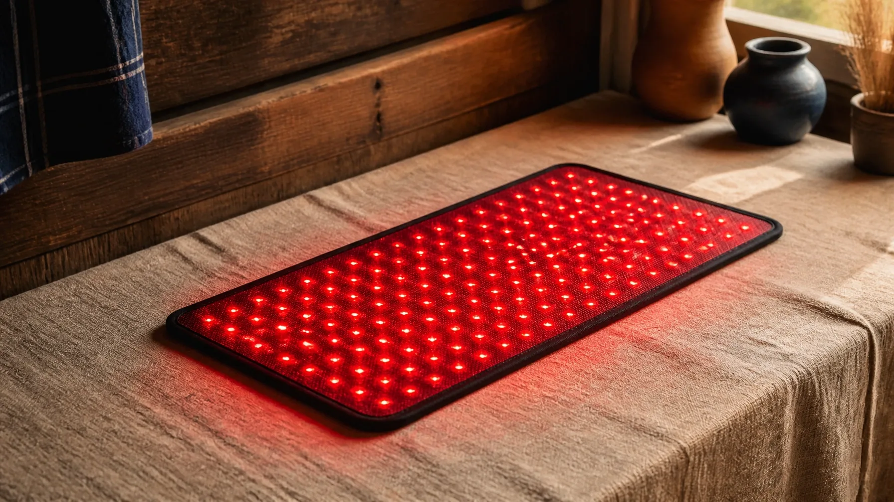 Red light therapy pad glowing on a warm linen surface